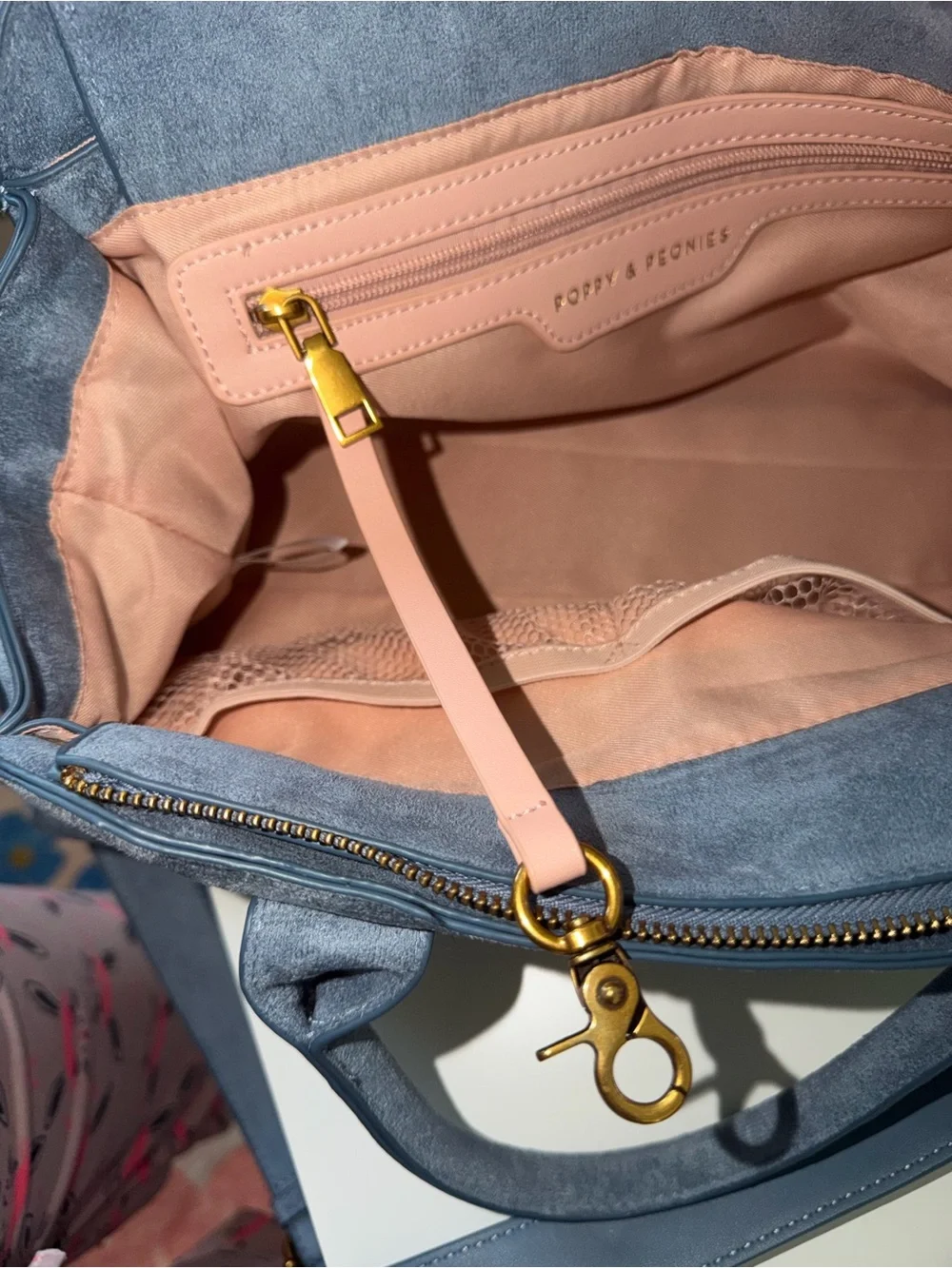 Poppy & Peonies Mini Uptown Suede Top-Handle Satchel in Dusty Blue